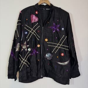 Vtg 80s JA RESORT Celestial Silk Bomber Jacket Sequin Moon Star Planet Boho M